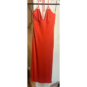 Forever 21 Orange V-Neck Bodycon Halter Midi Dress Size Small 00-2